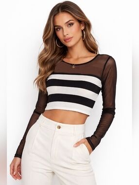 Charlotte Russe Black and White Striped Mesh Crop Top
